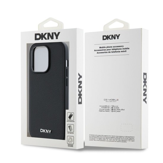 Husa DKNY iPhone 14 Pro din Piele Ecologica cu Logo Metalic Argintiu si MagSafe Black (Bakr, DKHMP14LPGHLMK) by www.silkase.ro
