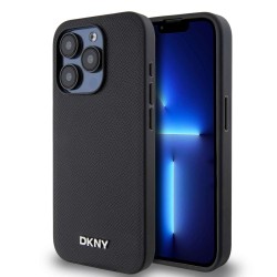 Husă de Protecție DKNY pentru iPhone 15 Pro, Piele PU, Logo Metalic Argintiu, MagSafe, Black