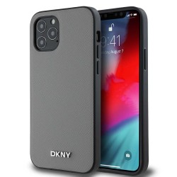 Husă DKNY PU Leather Silver Metal Logo MagSafe pentru iPhone 12 / 12 Pro, Grey