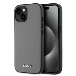 Husa iPhone 15 DKNY PU Leather Silver Metal Logo, MagSafe, Grey