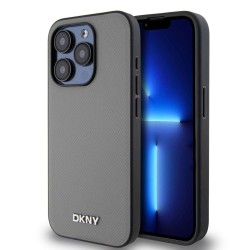Husa iPhone 15 Pro DKNY PU Leather Silver Metal Logo Magsafe Grey