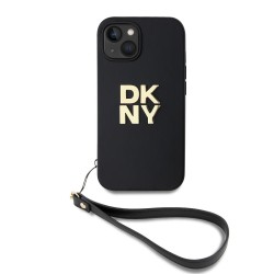 Husă DKNY PU Leather Stack Logo cu Curea de Mână pentru iPhone 14, Black