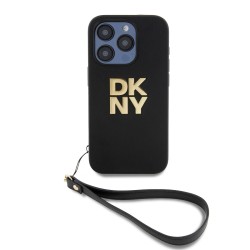 Husă DKNY PU Leather Stack Logo Wrist Strap pentru iPhone 15 Pro Max, Black