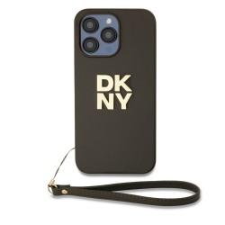 Husa DKNY PU Leather Stack Logo cu Curea de Mana pentru iPhone 14 Pro Max, Maro