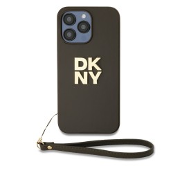 Husă DKNY PU Leather Stack Logo cu Curea de Mână pentru iPhone 15 Pro Max, Brown