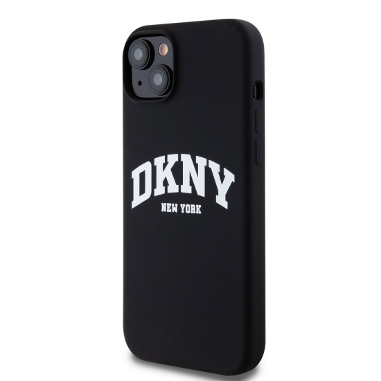 Husă Premium DKNY Liquid Silicone Arch Logo MagSafe pentru iPhone 15 Plus, Black (Bakr, DKHMP15MSNYACH) by www.silkase.ro