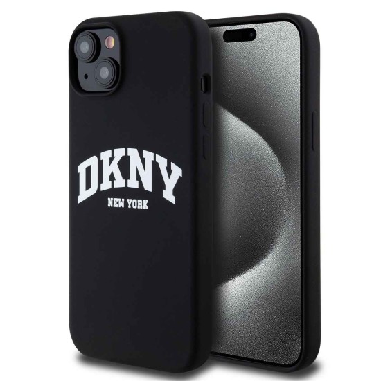 Husă Premium DKNY Liquid Silicone Arch Logo MagSafe pentru iPhone 15 Plus, Black (Bakr, DKHMP15MSNYACH) by www.silkase.ro