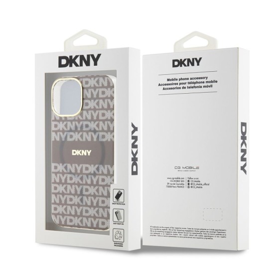 Husa DKNY PC/TPU Repeat Pattern Tonal Stripe Magsafe pentru iPhone 15, Beige (Bakr, DKHMP15SHRHSEE) by www.silkase.ro