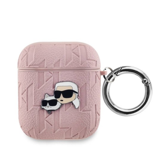 Husa Karl Lagerfeld PU Embossed Karl and Choupette Heads pentru AirPods 1 / 2, Roz (Bakr, KLA2PGKCPP) by www.silkase.ro