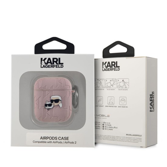 Husa Karl Lagerfeld PU Embossed Karl and Choupette Heads pentru AirPods 1 / 2, Roz (Bakr, KLA2PGKCPP) by www.silkase.ro