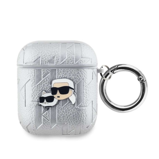 Husa Karl Lagerfeld PU Embossed Karl and Choupette Heads pentru AirPods 1 / 2, Argintie (Bakr, KLA2PGKCPS) by www.silkase.ro