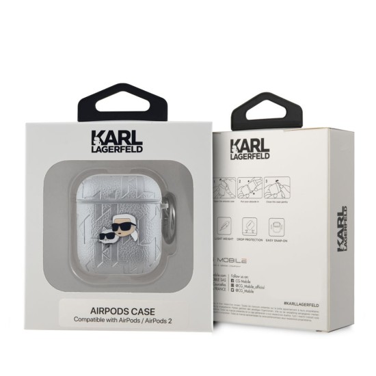 Husa Karl Lagerfeld PU Embossed Karl and Choupette Heads pentru AirPods 1 / 2, Argintie (Bakr, KLA2PGKCPS) by www.silkase.ro
