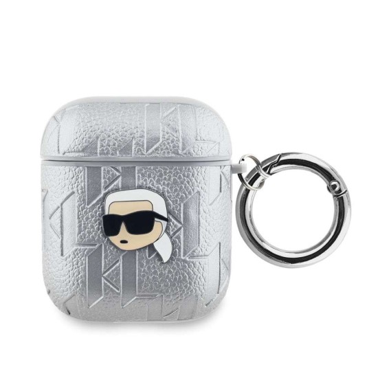 Husa Karl Lagerfeld PU Embossed Karl Head pentru AirPods 1 / 2, Argintie (Bakr, KLA2PGKIPS) by www.silkase.ro
