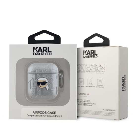 Husa Karl Lagerfeld PU Embossed Karl Head pentru AirPods 1 / 2, Argintie (Bakr, KLA2PGKIPS) by www.silkase.ro