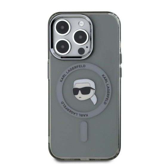 Husa Karl Lagerfeld IML Karl Head Metal Frame MagSafe pentru iPhone 15 Pro Max, Neagra (Bakr, KLHMP15XHLSKIK) by www.silkase.ro