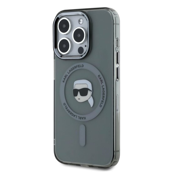 Husa Karl Lagerfeld IML Karl Head Metal Frame MagSafe pentru iPhone 15 Pro Max, Neagra (Bakr, KLHMP15XHLSKIK) by www.silkase.ro