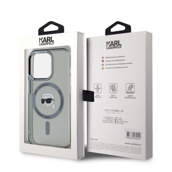 Husa Karl Lagerfeld IML Karl Head Metal Frame MagSafe pentru iPhone 15 Pro Max, Neagra (Bakr, KLHMP15XHLSKIK) by www.silkase.ro
