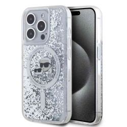 Husa Karl Lagerfeld Liquid Glitter Karl and Choupette Heads MagSafe pentru iPhone 15 Pro, Transparenta