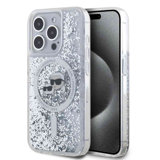 Husa Karl Lagerfeld Liquid Glitter Karl and Choupette Heads MagSafe pentru iPhone 15 Pro, Transparenta (Bakr, KLHMP15LLGKCSGH) by www.silkase.ro