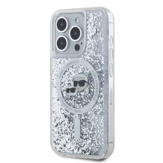 Husa Karl Lagerfeld Liquid Glitter Karl and Choupette Heads MagSafe pentru iPhone 15 Pro, Transparenta (Bakr, KLHMP15LLGKCSGH) by www.silkase.ro
