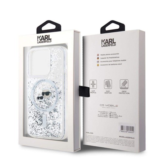 Husa Karl Lagerfeld Liquid Glitter Karl and Choupette Heads MagSafe pentru iPhone 15 Pro, Transparenta (Bakr, KLHMP15LLGKCSGH) by www.silkase.ro