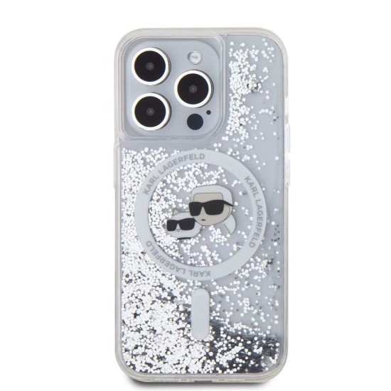 Husa Karl Lagerfeld Liquid Glitter Karl and Choupette Heads MagSafe pentru iPhone 15 Pro Max, Transparenta (Bakr, KLHMP15XLGKCSGH) by www.silkase.ro