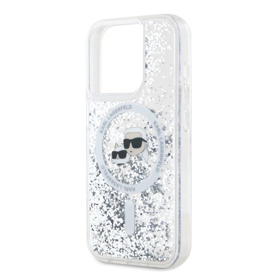 Husa Karl Lagerfeld Liquid Glitter Karl and Choupette Heads MagSafe pentru iPhone 15 Pro Max, Transparenta (Bakr, KLHMP15XLGKCSGH) by www.silkase.ro