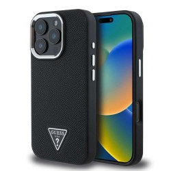 Husa Guess PU Grained Triangle Logo pentru iPhone 16 Pro, Neagra