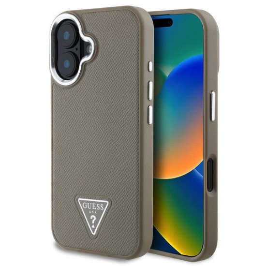 Husa Guess PU Grained Triangle Logo pentru iPhone 16, Maro Husa Guess PU Grained Triangle Logo pentru iPhone 16, Maro (Bakr, GUHMP16SPGTSPSW) by www.silkase.ro