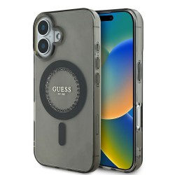 Husa Guess IML Rhinestones Ring MagSafe pentru iPhone 16, Neagra