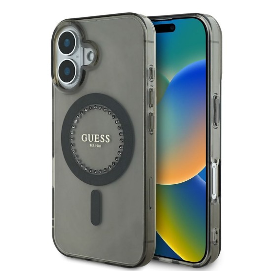 Husa Guess IML Rhinestones Ring MagSafe pentru iPhone 16, Neagra (Bakr, GUHMP16SPFTDTEK) by www.silkase.ro