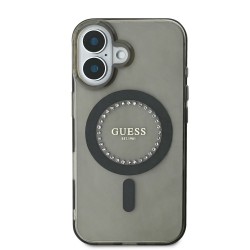 Husa Guess IML Rhinestones Ring MagSafe pentru iPhone 16, Neagra