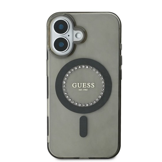 Husa Guess IML Rhinestones Ring MagSafe pentru iPhone 16, Neagra (Bakr, GUHMP16SPFTDTEK) by www.silkase.ro