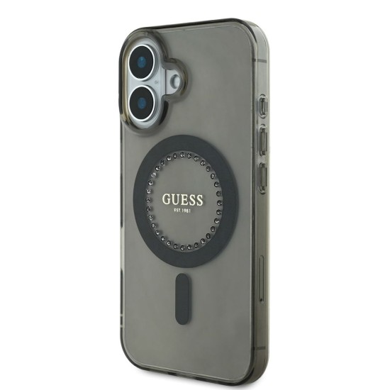 Husa Guess IML Rhinestones Ring MagSafe pentru iPhone 16, Neagra (Bakr, GUHMP16SPFTDTEK) by www.silkase.ro