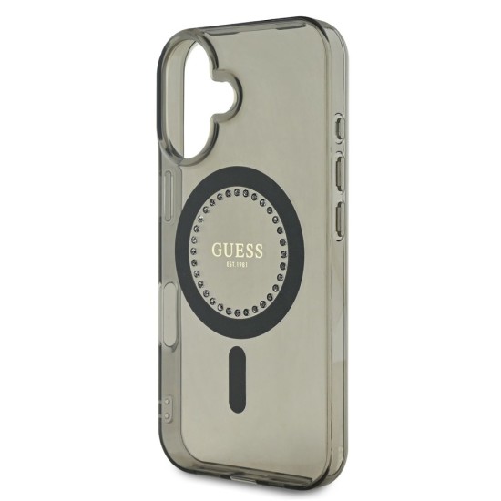 Husa Guess IML Rhinestones Ring MagSafe pentru iPhone 16, Neagra (Bakr, GUHMP16SPFTDTEK) by www.silkase.ro
