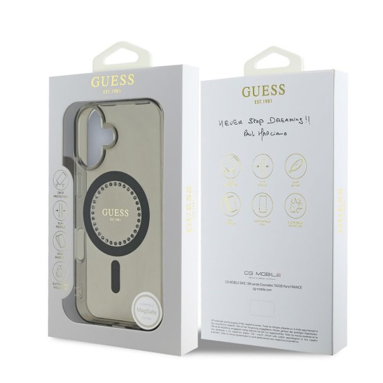 Husa Guess IML Rhinestones Ring MagSafe pentru iPhone 16, Neagra (Bakr, GUHMP16SPFTDTEK) by www.silkase.ro