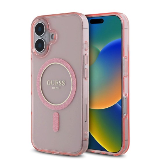 Husa Guess IML Glitter Ring MagSafe pentru iPhone 16, Roz Husa Guess IML Glitter Ring MagSafe pentru iPhone 16, Roz (Bakr, GUHMP16SHFGEREP) by www.silkase.ro