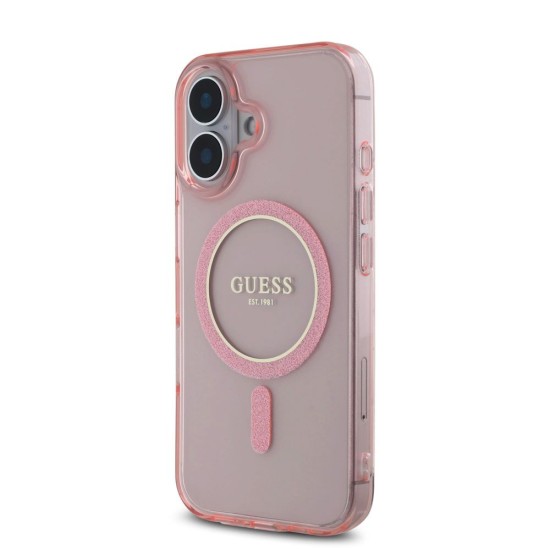 Husa Guess IML Glitter Ring MagSafe pentru iPhone 16, Roz Husa Guess IML Glitter Ring MagSafe pentru iPhone 16, Roz (Bakr, GUHMP16SHFGEREP) by www.silkase.ro