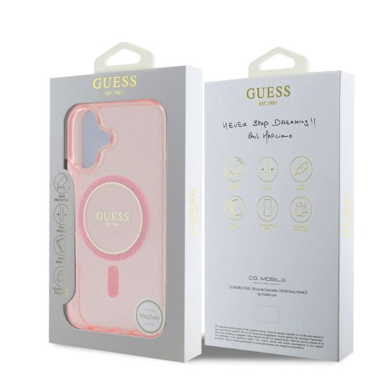 Husa Guess IML Glitter Ring MagSafe pentru iPhone 16, Roz Husa Guess IML Glitter Ring MagSafe pentru iPhone 16, Roz (Bakr, GUHMP16SHFGEREP) by www.silkase.ro