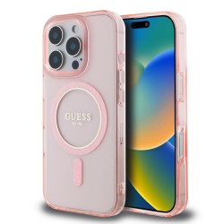 Husa Guess IML Glitter Ring MagSafe pentru iPhone 16 Pro, Roz