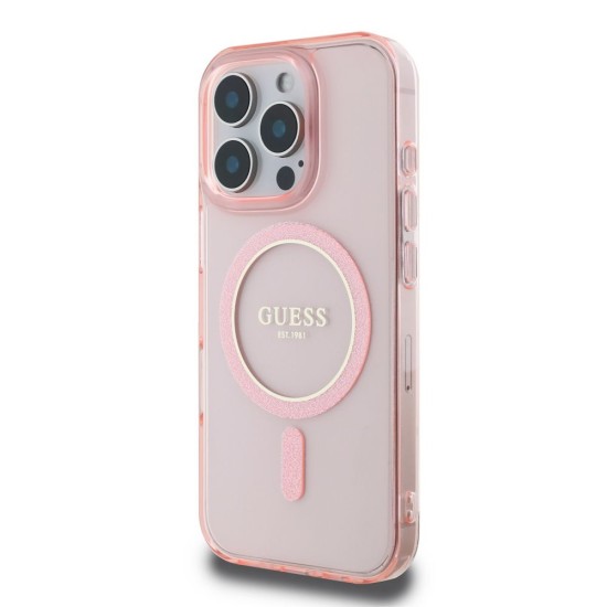 Husa Guess IML Glitter Ring MagSafe pentru iPhone 16 Pro, Roz Husa Guess IML Glitter Ring MagSafe pentru iPhone 16 Pro, Roz (Bakr, GUHMP16LHFGEREP) by www.silkase.ro