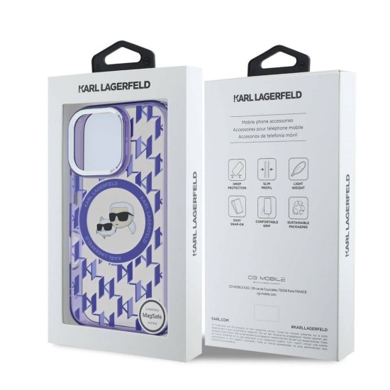Husa Karl Lagerfeld IML Monogram K&CH Heads MagSafe pentru iPhone 16 Pro, Mov (Bakr, KLHMP16LHMCKMHU) by www.silkase.ro