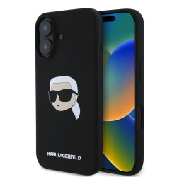 Husa Karl Lagerfeld Liquid Silicone Karl Head MagSafe pentru iPhone 16, Neagra