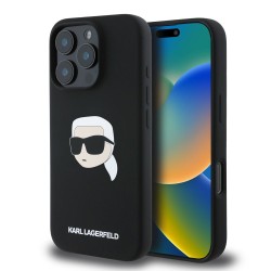 Husa Karl Lagerfeld Liquid Silicone Karl Head MagSafe pentru iPhone 16 Pro, Neagra
