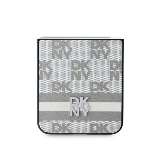 Husa DKNY Premium din Piele Ecologica cu Model Caro si Dungi pentru Samsung Galaxy Z Flip 6/7 FE, Beige (Bakr, DKHCZF6PCPTSSE) by www.silkase.ro