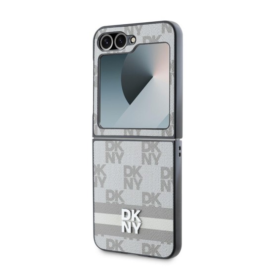 Husa DKNY Premium din Piele Ecologica cu Model Caro si Dungi pentru Samsung Galaxy Z Flip 6/7 FE, Beige (Bakr, DKHCZF6PCPTSSE) by www.silkase.ro