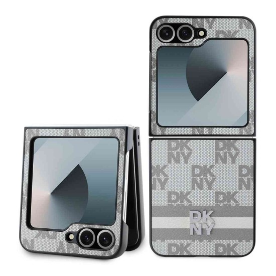 Husa DKNY Premium din Piele Ecologica cu Model Caro si Dungi pentru Samsung Galaxy Z Flip 6/7 FE, Beige (Bakr, DKHCZF6PCPTSSE) by www.silkase.ro