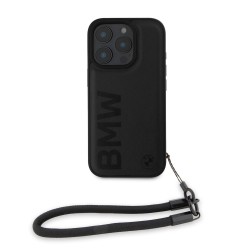 Husa BMW Piele Signature pentru iPhone 16 Pro, Neagră, cu Curea