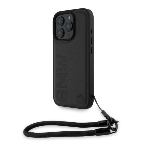 Husa BMW Piele Signature pentru iPhone 16 Pro, Neagră, cu Curea (Bakr, BMHCP16L23RMRLK) by www.silkase.ro