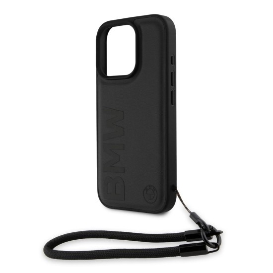 Husa BMW Piele Signature pentru iPhone 16 Pro, Neagră, cu Curea (Bakr, BMHCP16L23RMRLK) by www.silkase.ro
